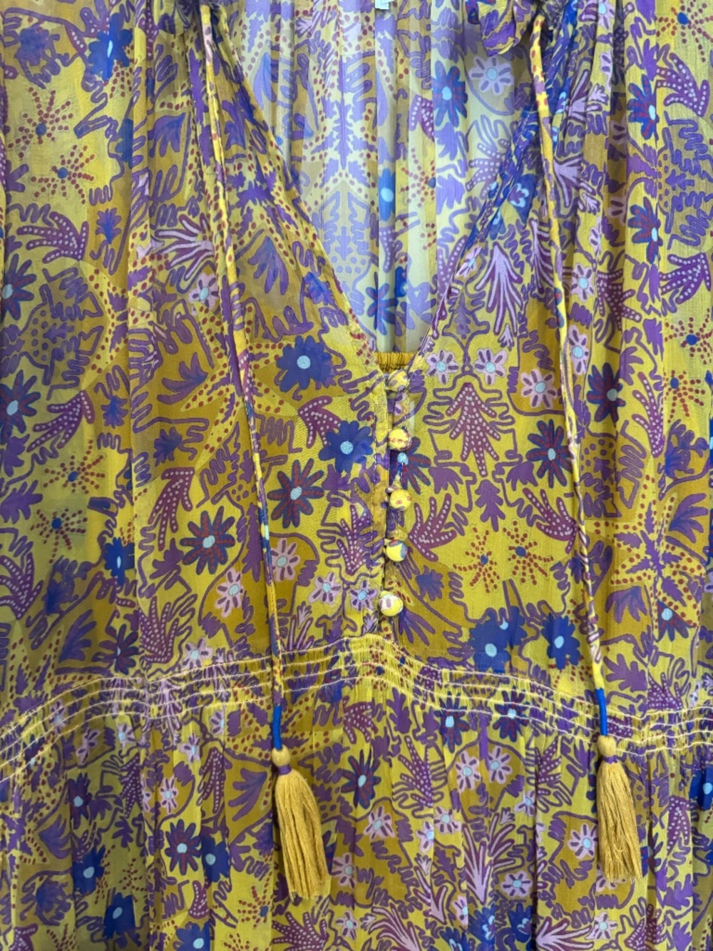 Anthropologie Marias Floral Printed Chiffon Maxi Dress Size L Yellow Purple - Picture 9 of 11